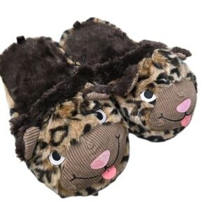 WOMEN Animal Slippers SUPER PLUSH Leopard Head Size 9/10 OPEN BACK Gripper Soles